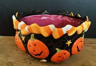 Halloween Black Ceramic Bowl Decorated With Jack - O - Lanterns Candy Corn & Stars
