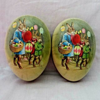 Erzgebirge Germany Bunnies Easter Parade Paper Mache Egg Candy Container 6 " Long