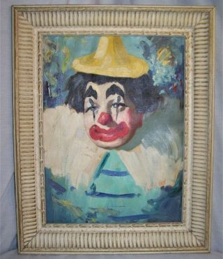 Vintage Clown Signed Gerry Oil On Canvas Framed 1960 