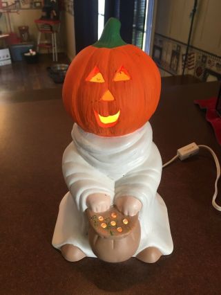 Vintage Ceramic Pumpkin Light Up Jack O Lantern Ghost Halloween Decor Fall