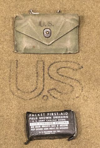Us Army Usmc Military Ww2 Medic Canvas Web First Aid Pouch & Wwii Packet Bandage