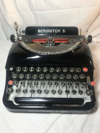 Vintage Remington Rand 5 Typewriter W/ Case & Red Keys,  High Gloss Finish,  1937