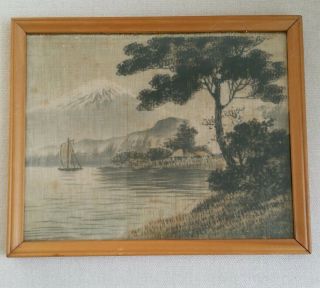 Vintage Japanese Painting On Silk Mount Fuji Landscape