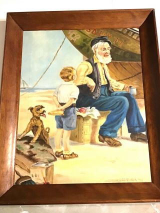 Vintage Oil Painting Sailor Boy Dog Wood Frame Signed Benigris ‘50