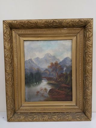 19th C.  Victorian Folk Art Mountain Landscape Oil Painting Gilt Frame