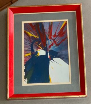 Vintage 70s Spin Art Abstract Painting Framed Matted Mid Century Modern Tempera