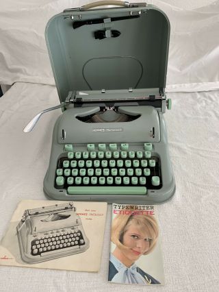 1962 Hermes 3000 Typewriter & Aluminum Case,  W/ Manuel,  Brushes,  Sea Foam Green