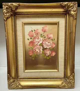 Lovely Vtg Small Oil Painting Roses Floral In Ornate Gold Gilt Frame