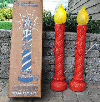 Vtg Pair Poloron Lighted Blow Mold Christmas Candles 38 " Tall With Box