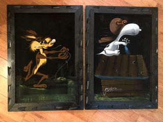 2 Vtg Black Velvet Paintings Snoopy & Wile E.  Coyote Signed Mexico Tiki Frame