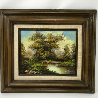 Mid Century Landscape River Painting Oil On Board 8 X 10 Framed Signed Antonia