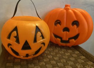 Two Vintage Halloween Blow Mold Jack - O’ - Lantern Pumpkins Bucket/light