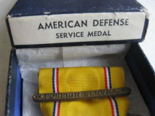 Ww2 American Defense Medal,  Ribbon Bar & Lapel Pin In Plain Label Box.