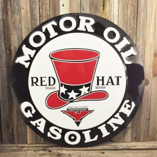 Red Hat Gasoline Gas Oil 24 " Large Embossed Round Metal Tin Sign Vintage Garage