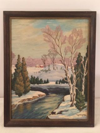 Framed Winter Scene Landscape Signed Oil Painting River Trees Stream Retro Vtg