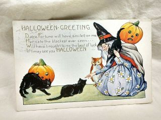 1918 Halloween Greeting Witch & Black Cats Post Card