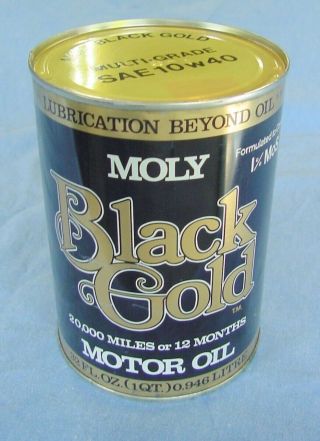 Vintage Moly Black Gold Quart Motor Oil Can 20,  000 Mile Oil 10 W 40 Steel Empty