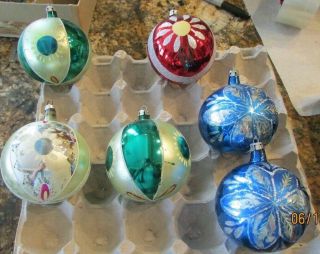 6 Vtg Shabby Santa Land Hand Blown Glass Christmas Ornaments Large 3 " Poland