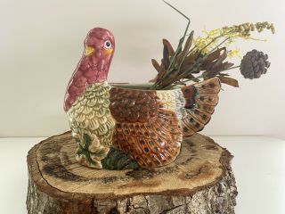 Small Glazed Ceramic Thanksgiving Turkey Planter Centerpiece Vase Fall