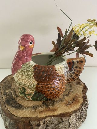 Small Glazed Ceramic Thanksgiving Turkey Planter Centerpiece Vase Fall 2