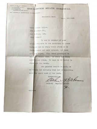 1920 Rochester State Hospital Minnesota Insane Asylum Letter Chase Out The Devil