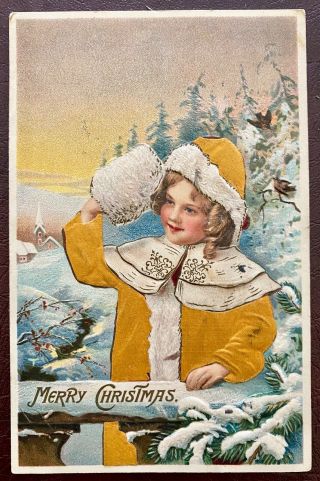 1910 Embossed Christmas Postcard Girl With Applied Gold Silk Costume.  Well Done