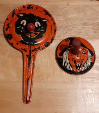 2 Vintage Halloween Black Cat & Witch Party Noisemakers,  Us Metal Toy,  Kirchhof