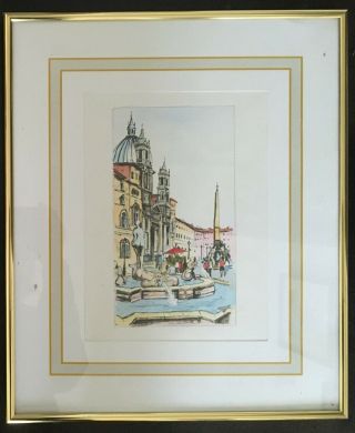 Watercolor Painting Piazza Navona Rome Framed Matted C.  1988
