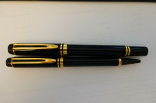 Waterman Leman 100 Black & Gold Fountain Pen - 18kt Med Nib And Ball Point Pen