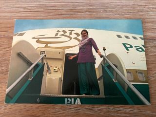 Airline Issued Postcard Pia Pakistan Boeing 747 / Stewardess Aviation Aircraft