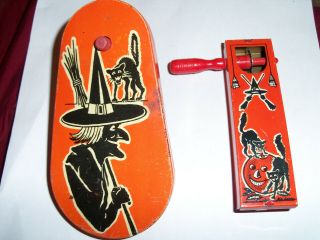 2 Vintage Kirchhoff Tin Noisemaker Halloween Black Cat Pumpkin Witch Ratchet