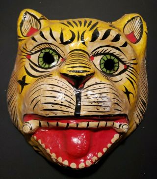 Vintage Paper Mache Halloween Folk Art Mythology Mask Tiger Cat Indian? Asian?