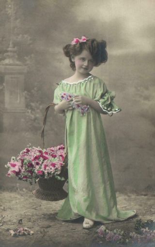 Vintage Hand Coloured Real Photo Pretty Young Girl In Long Green Dress Postcard