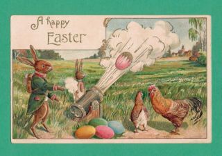 Vintage Easter Postcard Dressed Rabbits Roosters Cannon Egg - Cannon Balls