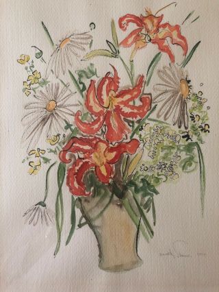 Dorothy Strauser Watercolor Of Daisies & Other Flowers In A Vase