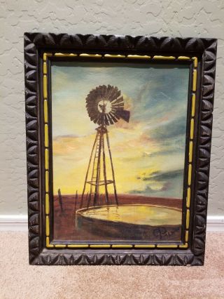 Vintage,  Framed Oil Painting “the Old Windmill At Sunset”