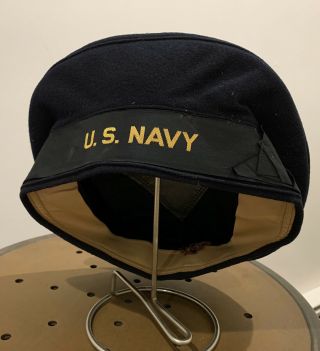 Vtg Ww2 Us Navy Blue Wool Uniform Flat Cap Donald Duck Hat