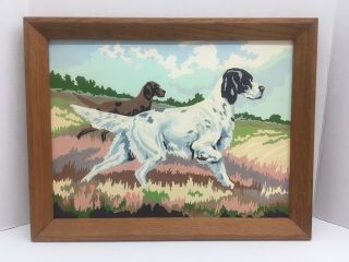 Vintage Paint By Number Hunting Spaniel Dogs Framed 18 X 14 " Mid Century