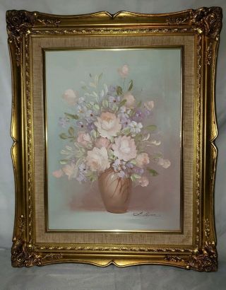 Vintage Signed L.  Peiper Rose Floral Vase Still Life Canvas Oil Painting 12x16