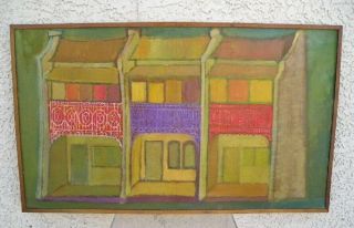 Mid Century Modern Abstract Cityscape Oil Painting Signed Cr Eames Era