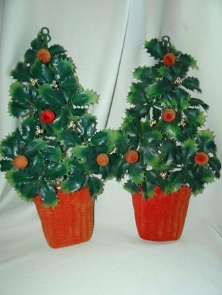 2 Vintage Flocked Plastic Christmas Tree Wall Hangings