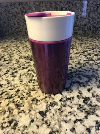 2015 Starbucks Metallic Purple White Ceramic Travel Tumbler Mug Lid 12 Oz