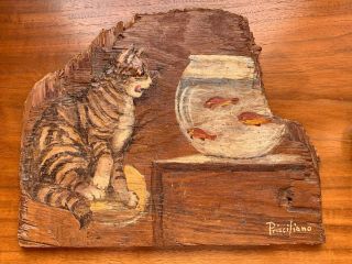 Vintage Folk Art Cat And Fish Bowl Painting On Wood Signed Prisciliano Cal