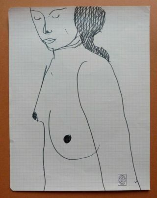 Vintage Mid Century Modern French Minimalist Nude Portrait Painting Art Signed