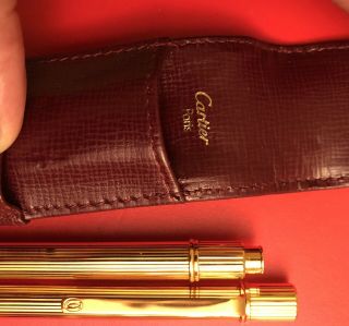 Cartier Must De Ballpoint Pen & Lead Pencil Set With Leather Holder 3