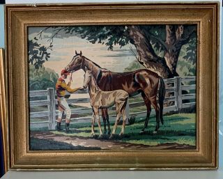 Vintage 1950s Paint By Number Horse Foal Trainer Jockey 28x22 " Large Pbn Frame