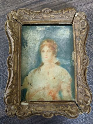 Antique 19th Century Miniature Oil Painting Portrait Of Pretty Aristocratic Lady
