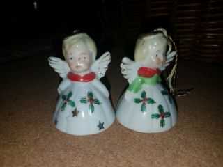 2 Vintage China Angel Bell Ornaments,  2 " Tall 1950s Made In Japan,  Christmas