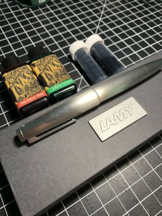 Lamy 2000 Stainless Steel Fountain Pen (fine) W/ 2x Bottles Of Ink & 2x Samples