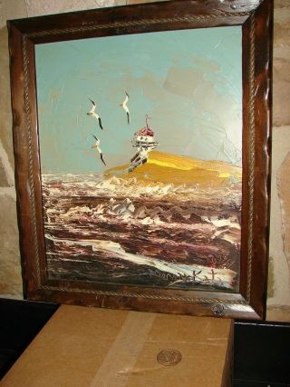 Vintage Morris Katz Oil On Masonite Board 1984 Sea Waves Seagulls Lighthouse